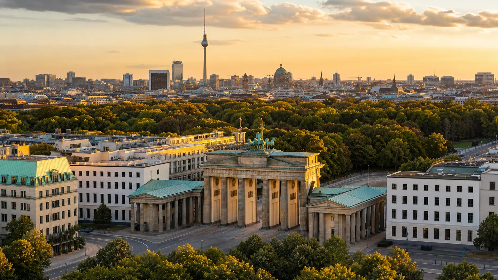 Berlin skyline at golden hour with the Brandenburg Gate and Fernsehturm