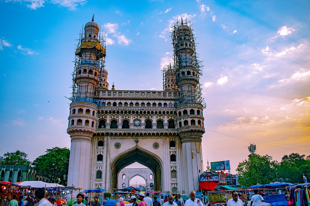 The Charminar monument at dusk in Hyderabad's old city