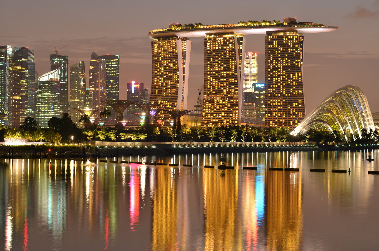 Marina Bay Sands and the Central Business District skyline, Singapore, at dusk